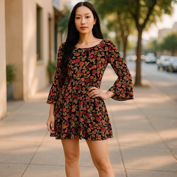 H&M Divided Y2K Floral Mini Dress Bell Sleeves Drop Waist Size 4 Vintage Retro - Picture 14 of 15